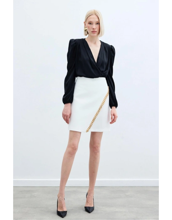 Zincir Aksesuarlı Mini Etek - Ekru