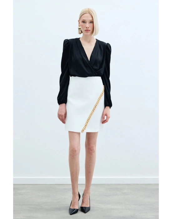 Zincir Aksesuarlı Mini Etek - Ekru