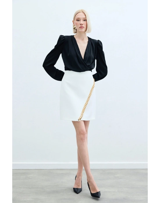 Zincir Aksesuarlı Mini Etek - Ekru