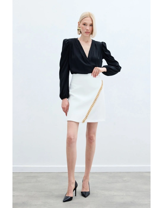 Zincir Aksesuarlı Mini Etek - Ekru