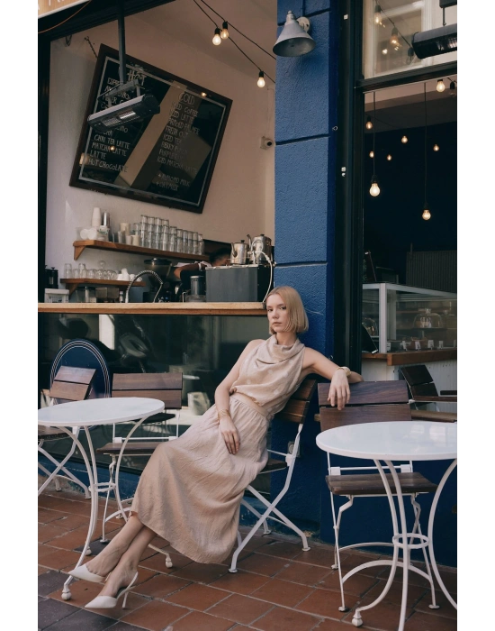 Kraşlı Kloş Etek - Pudra