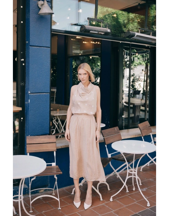 Kraşlı Kloş Etek - Pudra