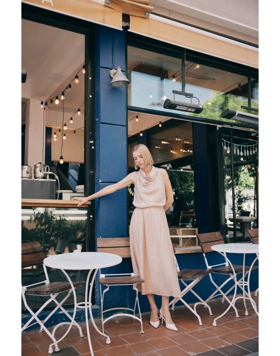 Kraşlı Kloş Etek - Pudra