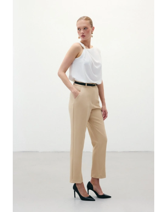 Kemerli Pantolon - Koyu Bej