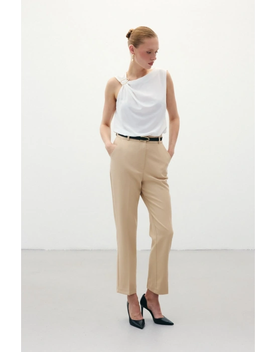 Kemerli Pantolon - Koyu Bej