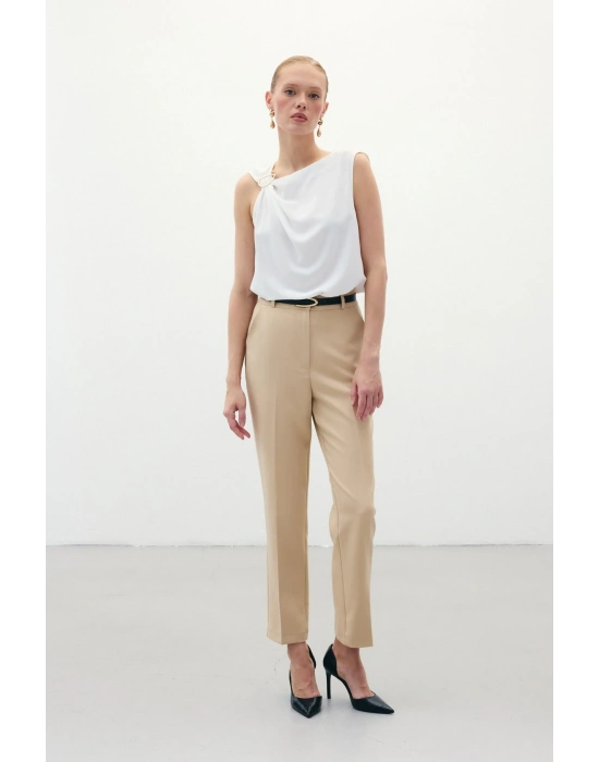 Kemerli Pantolon - Koyu Bej