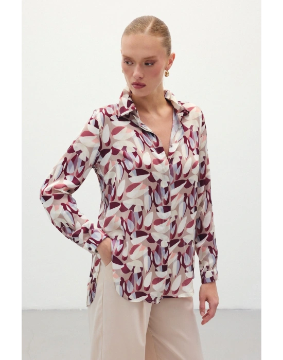 Desenli Uzun Gömlek - Bordo