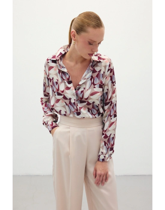 Desenli Uzun Gömlek - Bordo