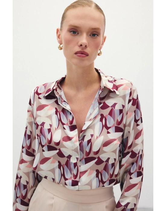 Desenli Uzun Gömlek - Bordo