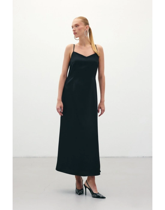 Askılı Uzun Saten Elbise - Siyah