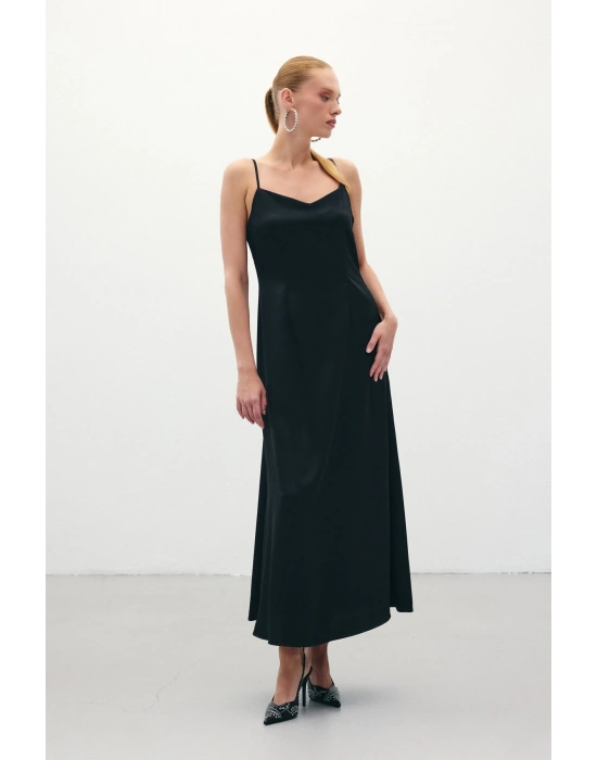 Askılı Uzun Saten Elbise - Siyah