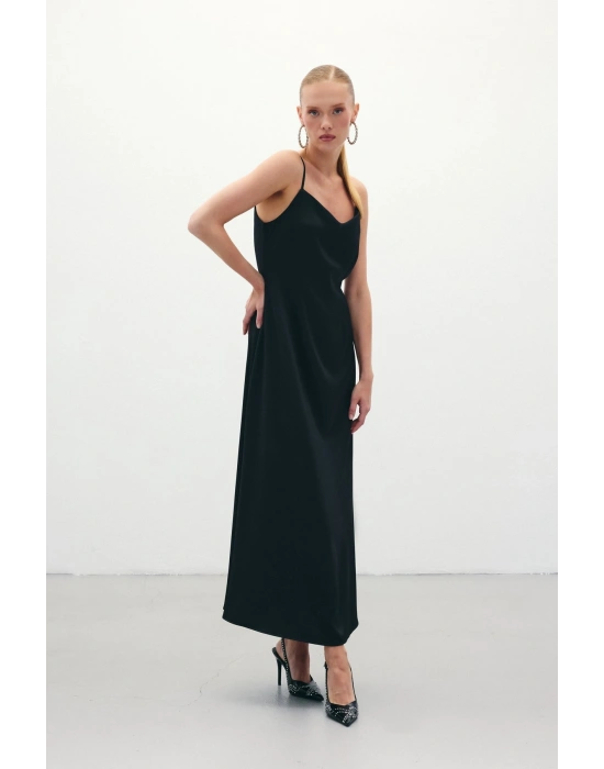 Askılı Uzun Saten Elbise - Siyah