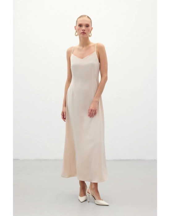 Askılı Uzun Saten Elbise - Bej