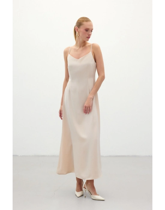 Askılı Uzun Saten Elbise - Bej