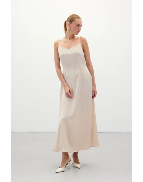 Askılı Uzun Saten Elbise - Bej