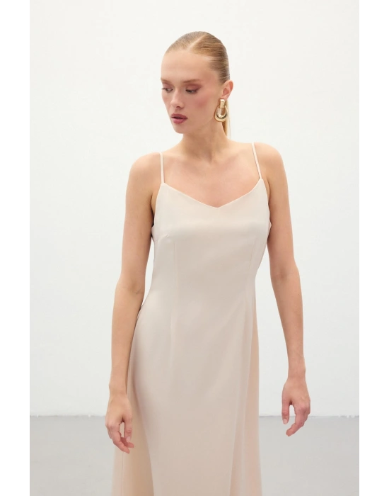 Askılı Uzun Saten Elbise - Bej