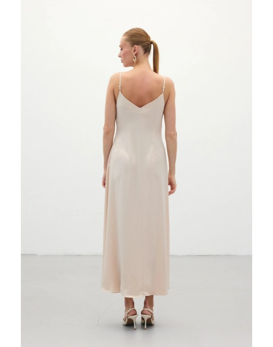Askılı Uzun Saten Elbise - Bej