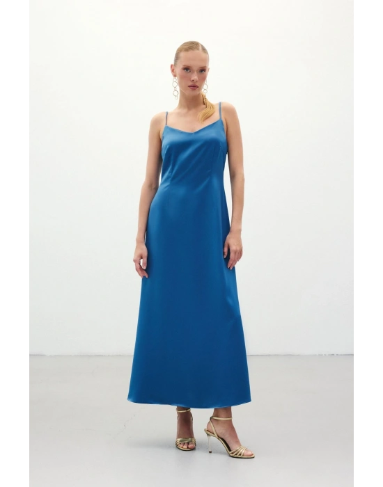 Askılı Uzun Saten Elbise - Sax Mavi