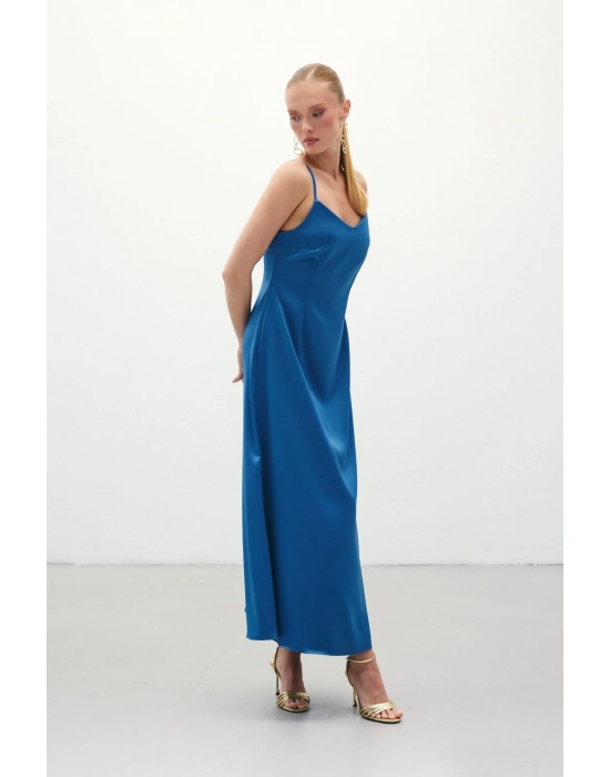 Askılı Uzun Saten Elbise - Sax Mavi