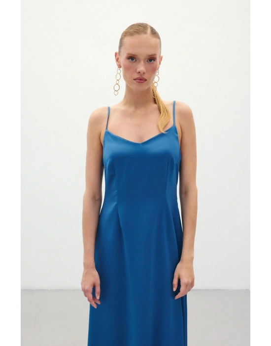 Askılı Uzun Saten Elbise - Sax Mavi