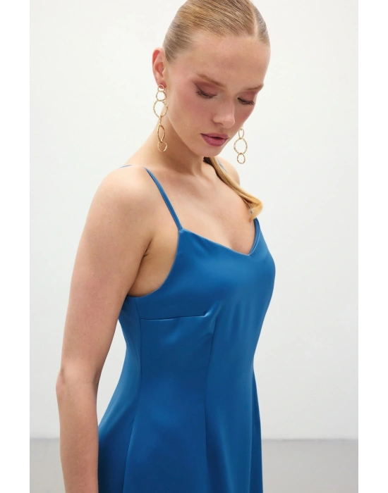 Askılı Uzun Saten Elbise - Sax Mavi
