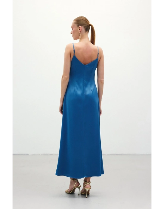 Askılı Uzun Saten Elbise - Sax Mavi