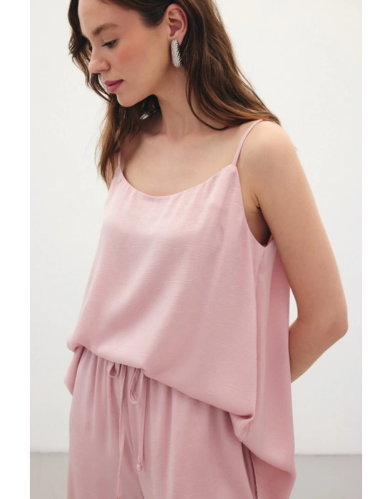 Askılı Saten Bluz - Pudra