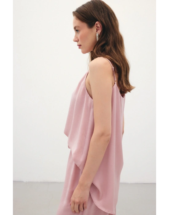 Askılı Saten Bluz - Pudra