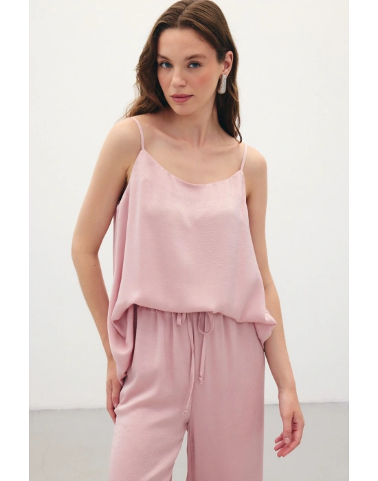 Askılı Saten Bluz - Pudra
