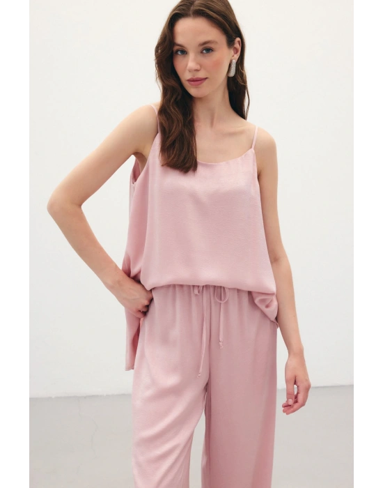 Askılı Saten Bluz - Pudra