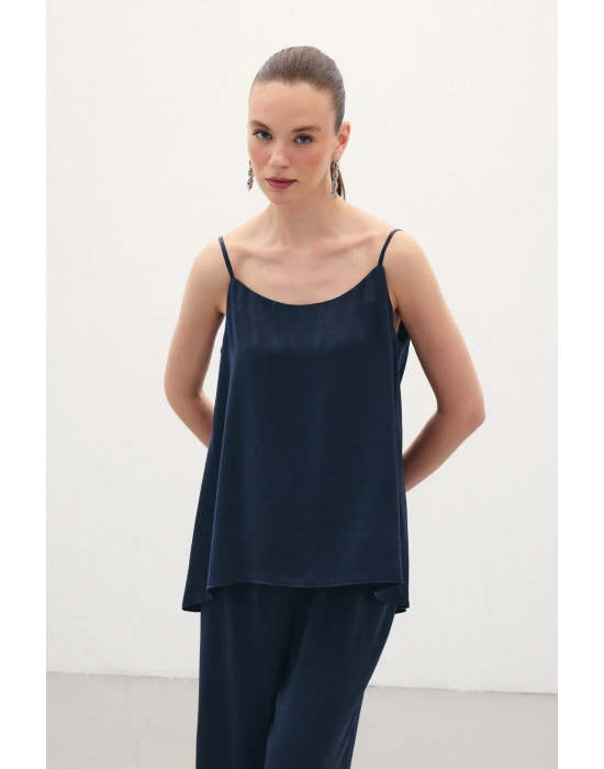 Askılı Saten Bluz - Lacivert