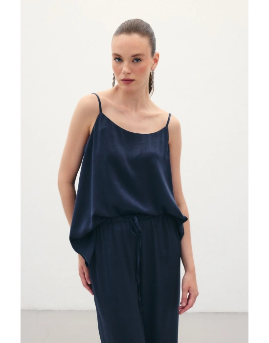 Askılı Saten Bluz - Lacivert