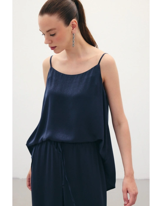 Askılı Saten Bluz - Lacivert