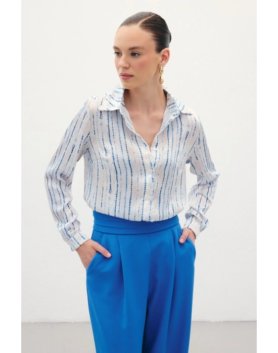 Desenli Klasik Gömlek - Sax Mavi