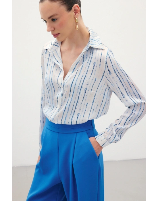 Desenli Klasik Gömlek - Sax Mavi