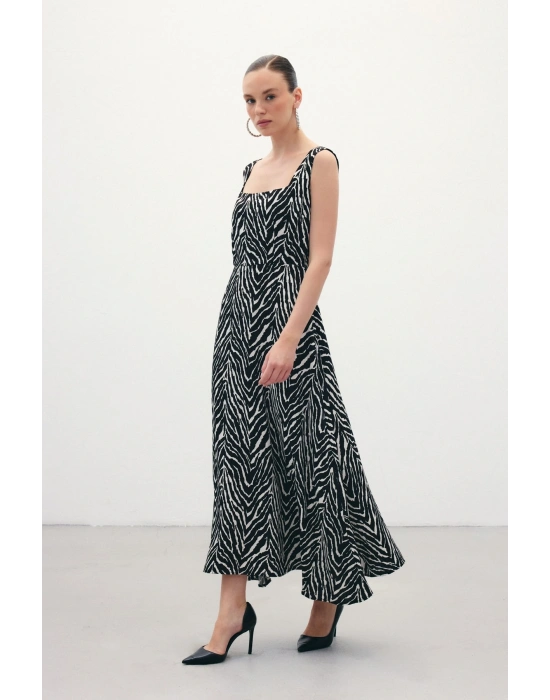 Kare Yaka Zebra Desenli Elbise - Siyah