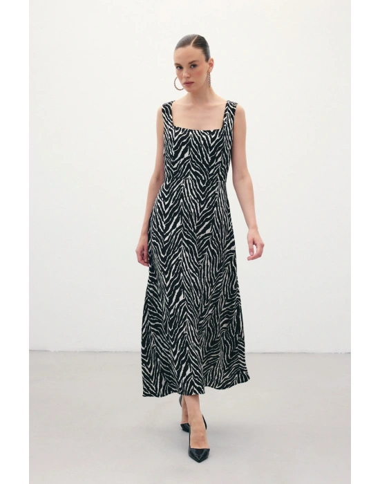 Kare Yaka Zebra Desenli Elbise - Siyah