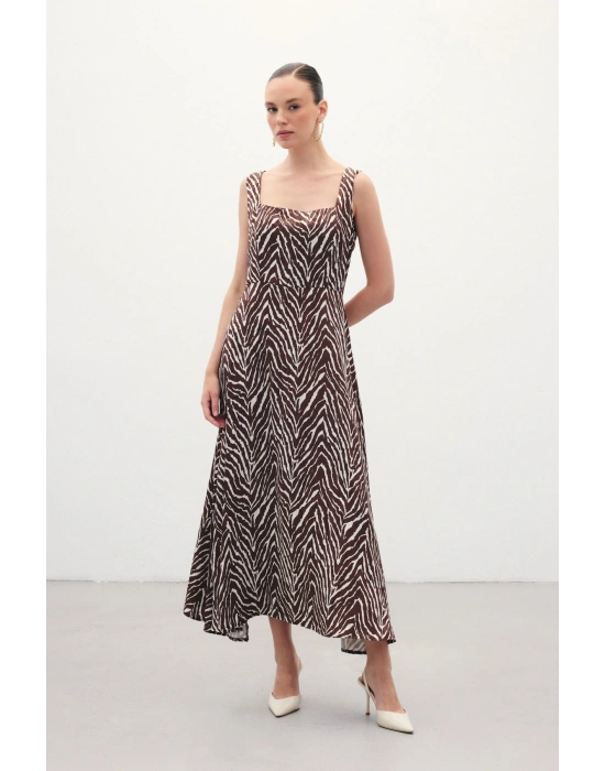 Kare Yaka Zebra Desenli Elbise - Kahve