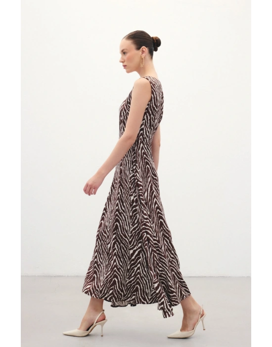 Kare Yaka Zebra Desenli Elbise - Kahve