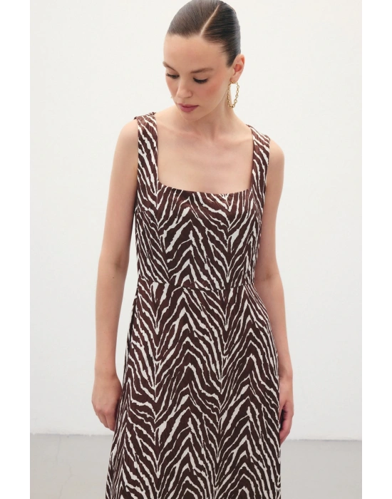 Kare Yaka Zebra Desenli Elbise - Kahve