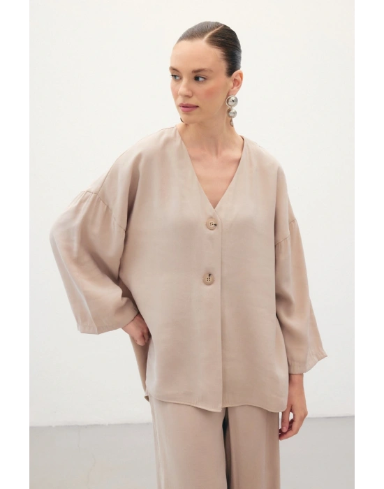 Düğmeli Kimono - Taş