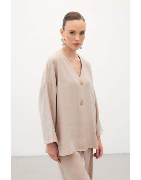 Düğmeli Kimono - Taş
