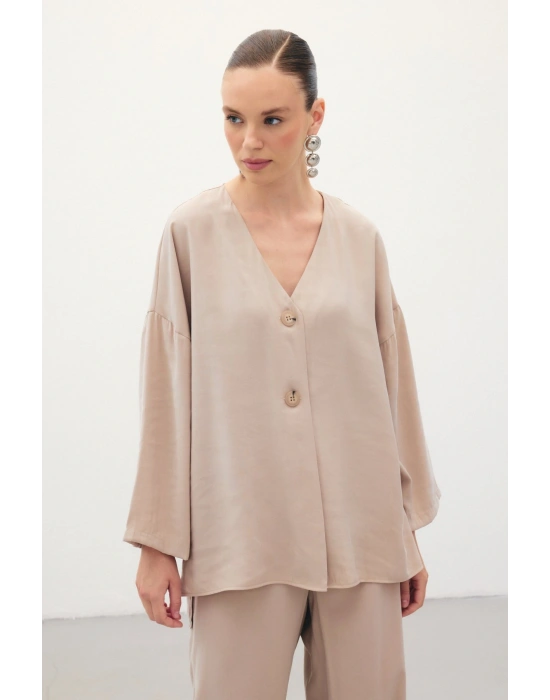 Düğmeli Kimono - Taş