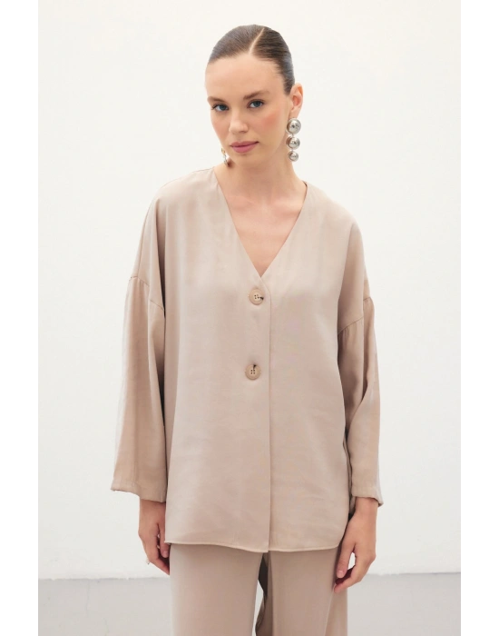 Düğmeli Kimono - Taş