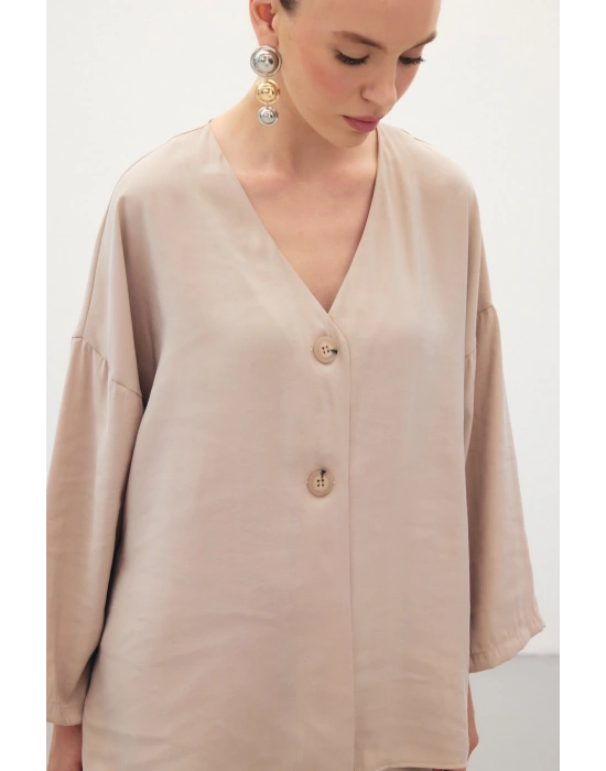 Düğmeli Kimono - Taş