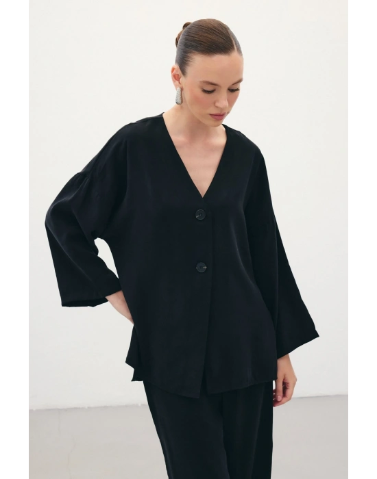 Düğmeli Kimono - Siyah