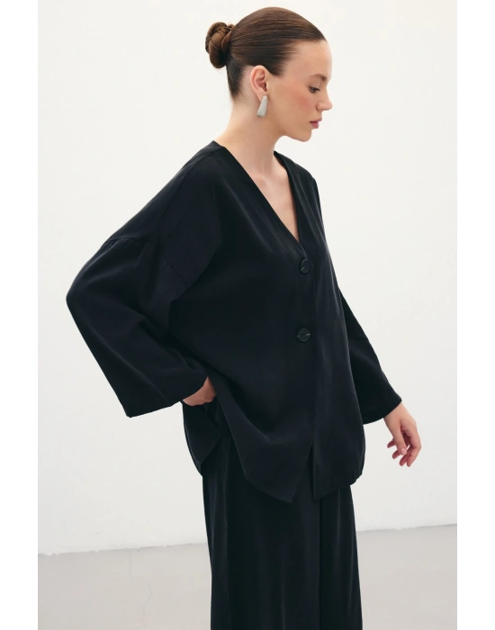 Düğmeli Kimono - Siyah