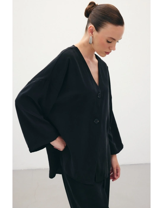 Düğmeli Kimono - Siyah