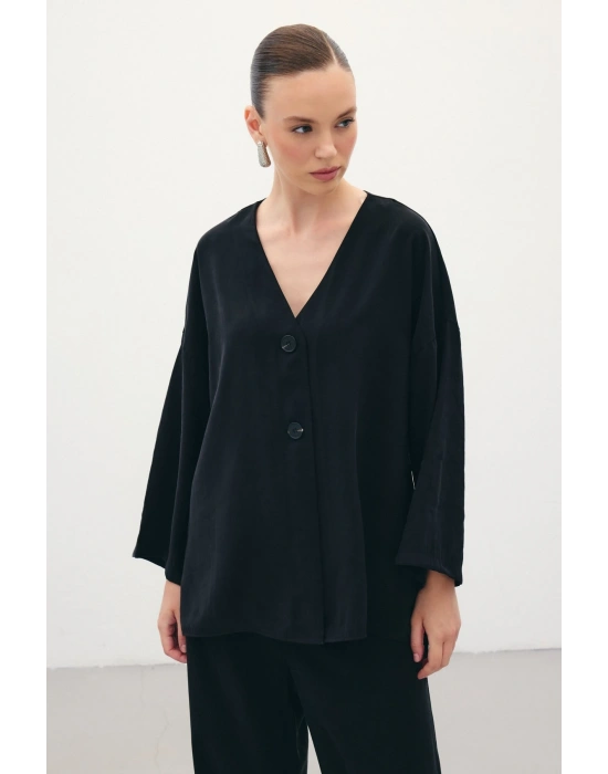 Düğmeli Kimono - Siyah