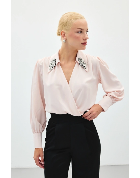 Aksesuar Detaylı Bodysuit Bluz - Pudra